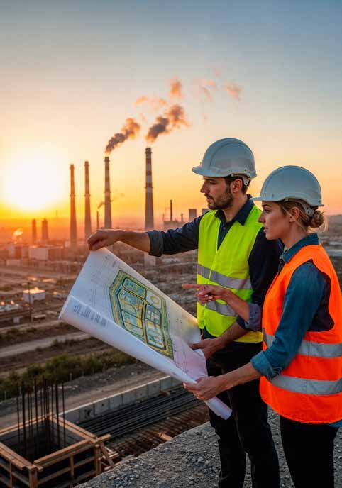 Engineers reviewing site plans at an industrial site